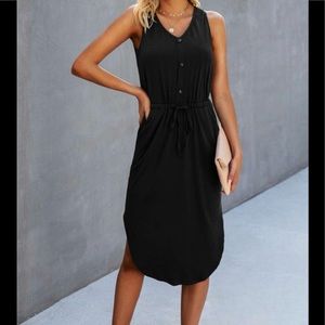 V-neck Drawstring Waist Curved Hem Dress